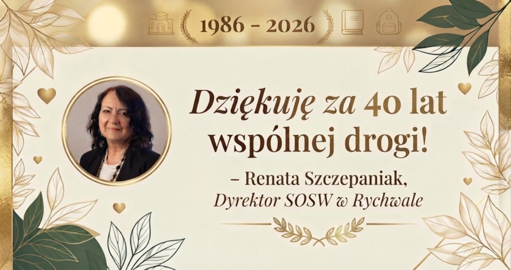 Jubileuszowa grafika przedstawiająca Renatę Szczepaniak, dyrektor SOSW w Rychwale, z okazji 40-lecia pracy (1986–2026)